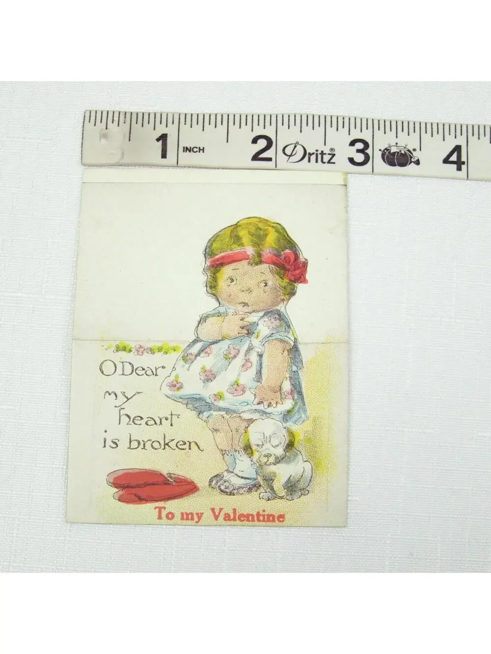 Vintage Valentine Cutout Card Stand Up Girl Crying Puppy Dog 1920s-30s UNSIGNED